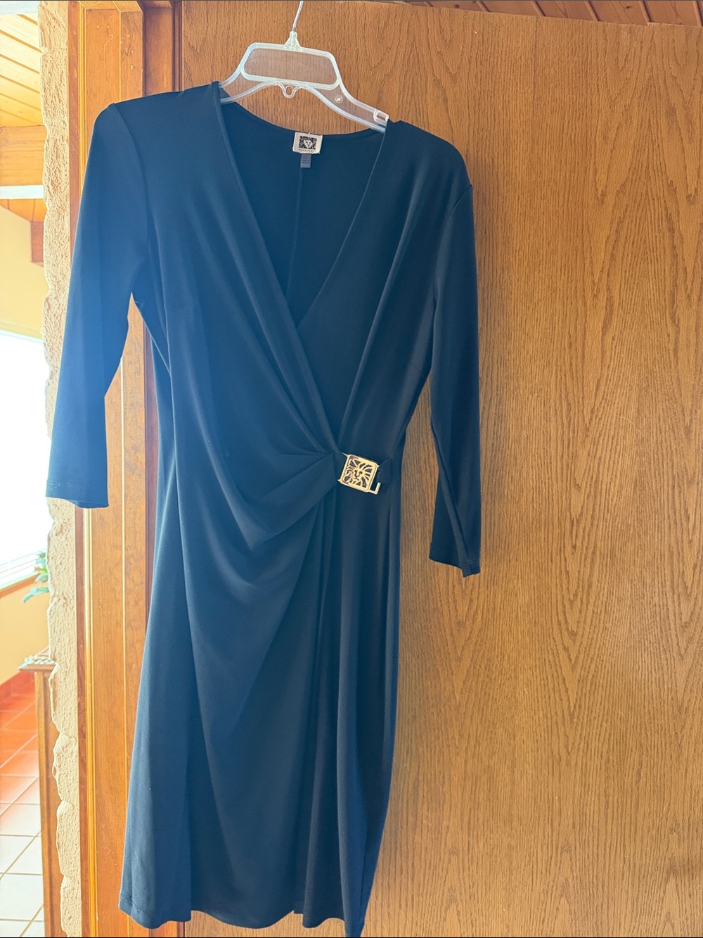 Anne Klein Black Draped Wrap Midi Dress with Gold Buckle